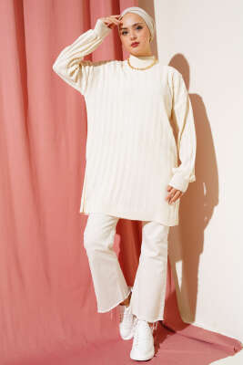 Fitilli Düşük Kol Triko Tunik Taş - Triko Tunik