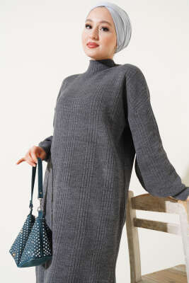 Fitilli Düz Pike Elbise Antrasit - Tesettür Elbise