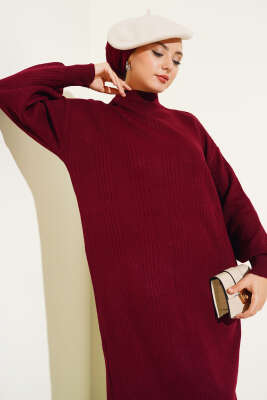 Fitilli Düz Pike Elbise Bordo - Tesettür Elbise