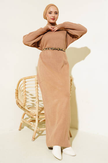 Fitilli Düz Pike Elbise Büsküvi - Elbise