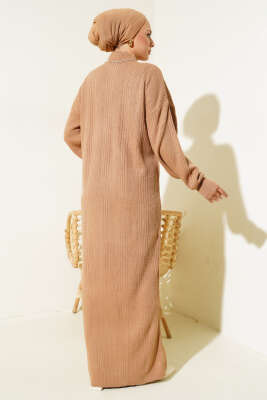 Fitilli Düz Pike Elbise Büsküvi - Tesettür Elbise