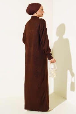 Fitilli Düz Pike Elbise Kahve - Tesettür Elbise