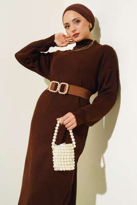 Fitilli Düz Pike Elbise Kahve - Tesettür Elbise