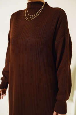 Fitilli Düz Pike Elbise Kahve - Tesettür Elbise