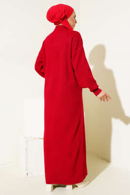 Fitilli Düz Pike Elbise Kırmızı - Tesettür Elbise