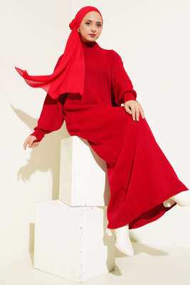 Fitilli Düz Pike Elbise Kırmızı - Tesettür Elbise