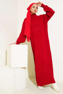 Fitilli Düz Pike Elbise Kırmızı - Tesettür Elbise
