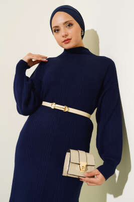 Fitilli Düz Pike Elbise Lacivert - Tesettür Elbise