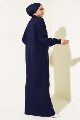 Fitilli Düz Pike Elbise Lacivert - Tesettür Elbise