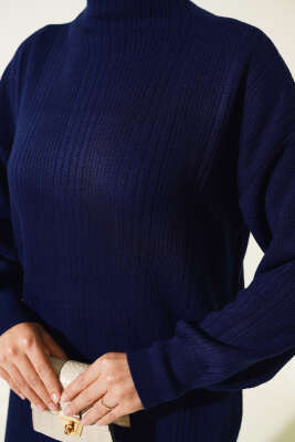 Fitilli Düz Pike Elbise Lacivert - Tesettür Elbise