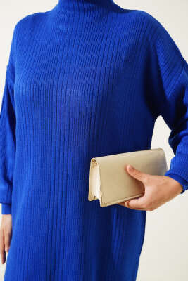 Fitilli Düz Pike Elbise Saks - Tesettür Elbise