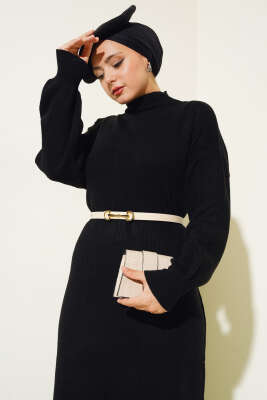 Fitilli Düz Pike Elbise Siyah - Tesettür Elbise