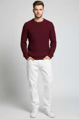 Fitilli Erkek Triko Kazak Bordo - Erkek Kazak