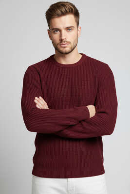 Fitilli Erkek Triko Kazak Bordo - YNR YENER TRİKO