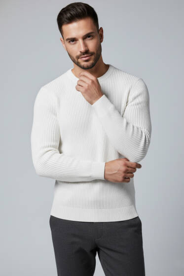 Fitilli Erkek Triko Kazak Ekru - Erkek Kazak