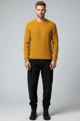 Fitilli Erkek Triko Kazak Hardal - Erkek Kazak