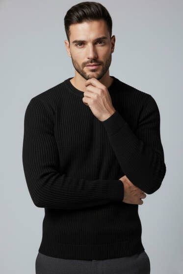 Fitilli Erkek Triko Kazak Siyah - Erkek Kazak