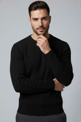 Fitilli Erkek Triko Kazak Siyah - YNR YENER TRİKO