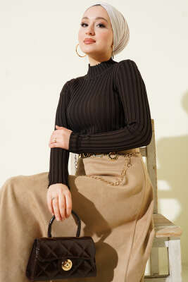 Fitilli Esnek Triko Kazak Acı Kahve - SAS