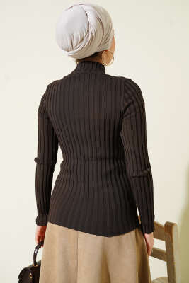 Fitilli Esnek Triko Kazak Acı Kahve - Triko Kazak