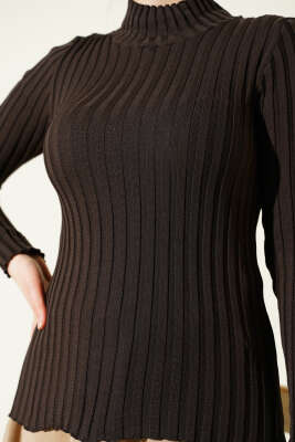 Fitilli Esnek Triko Kazak Acı Kahve - Triko Kazak