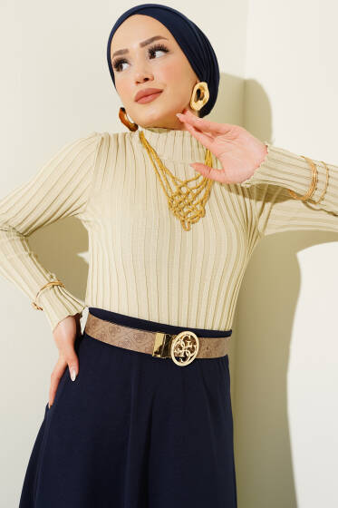 Fitilli Esnek Triko Kazak Bej - Triko Kazak