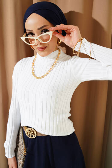 Fitilli Esnek Triko Kazak Beyaz - Triko Kazak