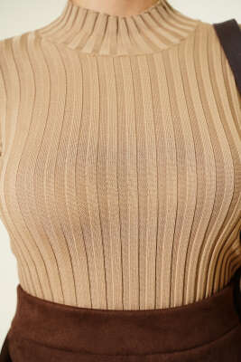 Fitilli Esnek Triko Kazak Camel - Triko Kazak