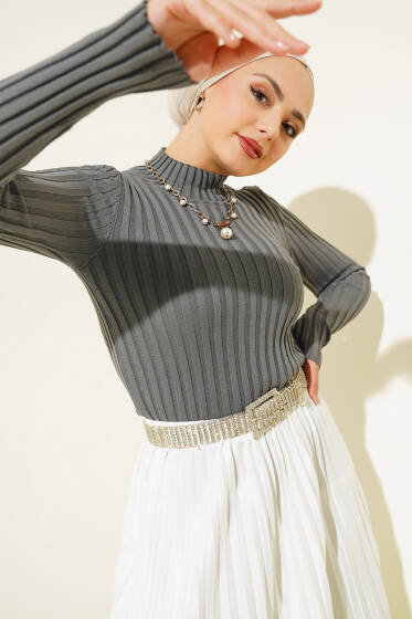 Fitilli Esnek Triko Kazak Füme - Triko Kazak