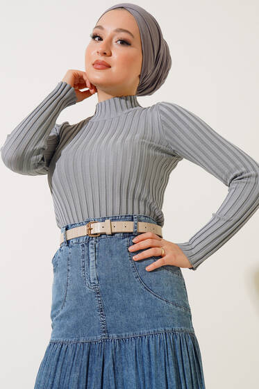 Fitilli Esnek Triko Kazak Gri - Yılın Fırsatı