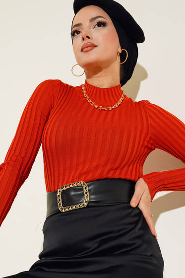 Fitilli Esnek Triko Kazak Kiremit - Yılın Fırsatı