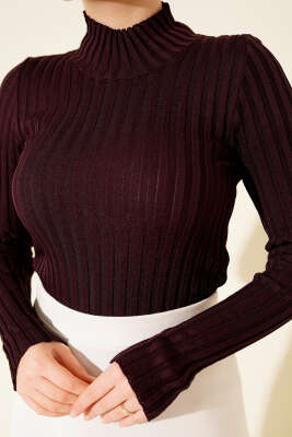 Fitilli Esnek Triko Kazak Mürdüm - Triko Kazak