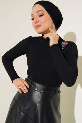 Fitilli Esnek Triko Kazak Siyah