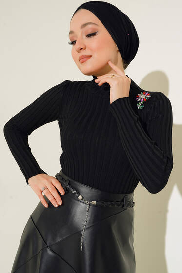 Fitilli Esnek Triko Kazak Siyah - Yılın Fırsatı