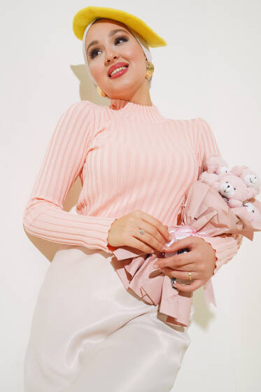 Fitilli Esnek Triko Kazak Somon - Triko Kazak