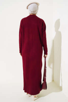 Fitilli Fermuarlı Düz Triko Elbise Bordo - Tesettür Elbise