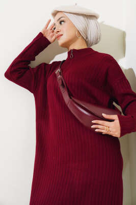Fitilli Fermuarlı Düz Triko Elbise Bordo - Tesettür Elbise