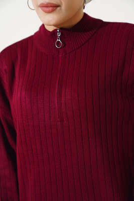 Fitilli Fermuarlı Düz Triko Elbise Bordo - Tesettür Elbise