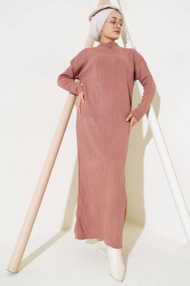 Fitilli Fermuarlı Düz Triko Elbise Gül Kurusu - Elbise