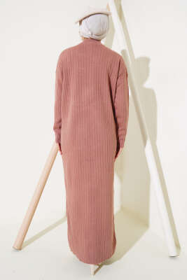 Fitilli Fermuarlı Düz Triko Elbise Gül Kurusu - Tesettür Elbise