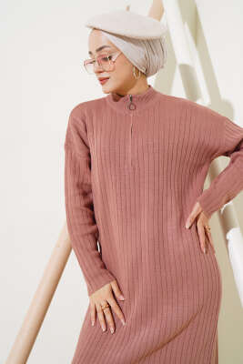 Fitilli Fermuarlı Düz Triko Elbise Gül Kurusu - Tesettür Elbise