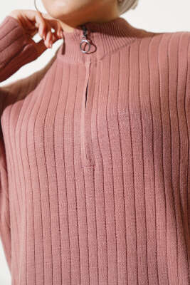 Fitilli Fermuarlı Düz Triko Elbise Gül Kurusu - Tesettür Elbise