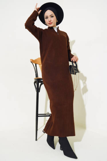 Fitilli Fermuarlı Düz Triko Elbise Kahve - Elbise