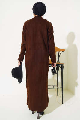 Fitilli Fermuarlı Düz Triko Elbise Kahve - Tesettür Elbise