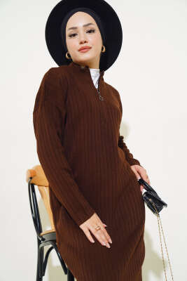 Fitilli Fermuarlı Düz Triko Elbise Kahve - Tesettür Elbise