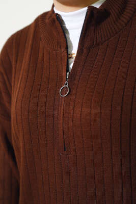 Fitilli Fermuarlı Düz Triko Elbise Kahve - Tesettür Elbise