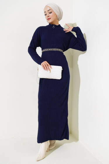 Fitilli Fermuarlı Düz Triko Elbise Lacivert - Elbise