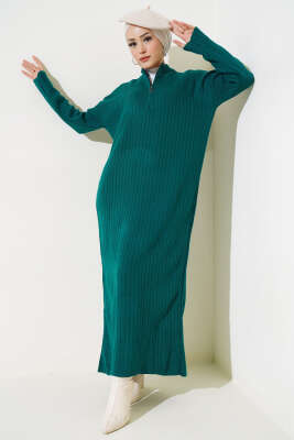 Fitilli Fermuarlı Düz Triko Elbise Nefti 