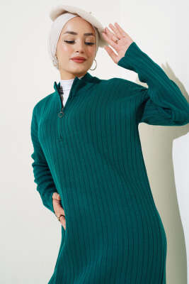 Fitilli Fermuarlı Düz Triko Elbise Nefti - Tesettür Elbise