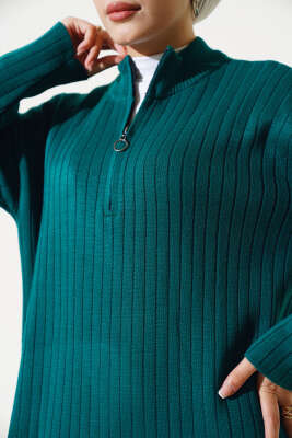 Fitilli Fermuarlı Düz Triko Elbise Nefti - Tesettür Elbise